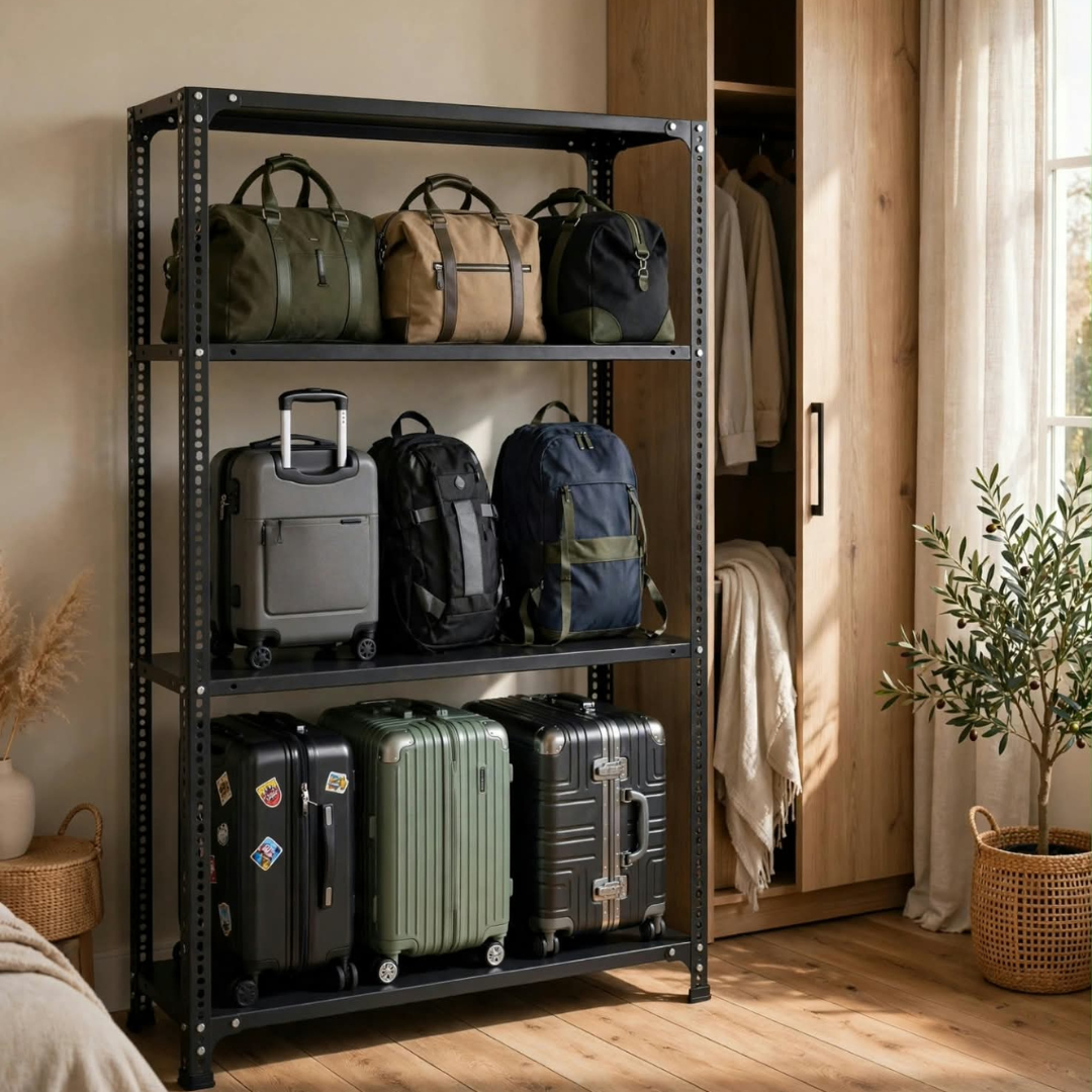 SPACIOUS® Multipurpose Cast Iron Luggage Racks | Adjustable Shelf Unit for Luggage Storage, Display & Organization in Homes, Shops, Garages & Industries (Dimension 12"X36"X78")(304.8mm X 914.4mm X 1981.2mm)(Grey)(4shelves).